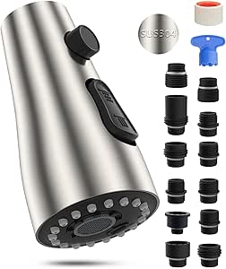 Hibbent Stainless Steel Pull Down Spray Head Replacement with 12 Adapters, 3-Function Kitchen Faucet Sprayer Head Nozzle Compatible with Moen, American Standard, Delta, Kohler Faucet, Brushed Nickel