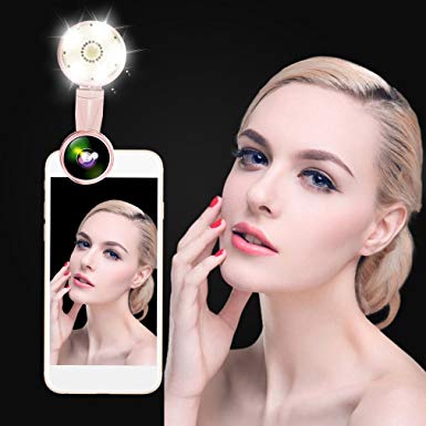 Cell Phone Lens Ring Light Clip on, OCDAY Portable Selfie Led Light with 9 Lighting Model 20X Macro Lens  4K HD Wide Angle Lens for Iphone Ipad Samsung Most Smartphones Tablet Laptop (Pink)