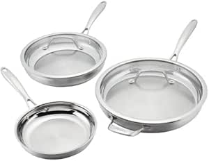 Cuisinart Professional Tryi-Ply Stainless Steel 5-piece Skillet Set. Aluminum Core, and Heat Surround Technology. Include: 3 Skillets 8", 10", 12". 2 lids. Silver.