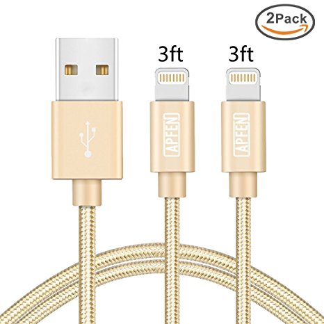 APFEN Nylon Braided Lightning Cable [2 Pack] USB Cable Charging Cable for iPhone 6s 6 Plus 5s 5c 5, iPad Pro Air 2, iPad mini 4 3 2, iPod touch 5th gen / 6th gen (3ft, Gold)