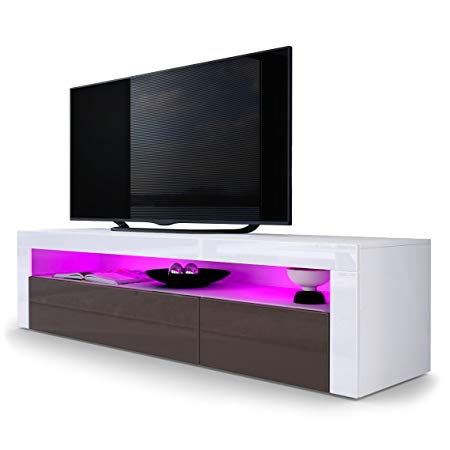 Vladon TV Stand Unit Valencia, Carcass in White matt/Front in Chocolate High Gloss a frame in White High Gloss