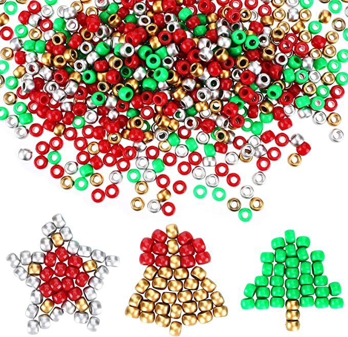 1000 Pieces 4 Colors Christmas Pony Beads Acrylic Beads Christmas DIY Jewelry Making Hair Beads for Girls Women Party Decoration Supplies (Green, Red, Silver and Gold)