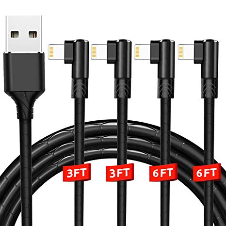 Lightning Cable [4 Pack] YJan Charging Cable 3FT 3FT 6FT 6FT Angled USB Premium Leather Braided Cable Compatible with iPhone Xs/XS Max/XR/X/8/8 Plus/7 Plus /7 /6s Plus /6s /6 Plus /6 /5s /5c /5 /iPad