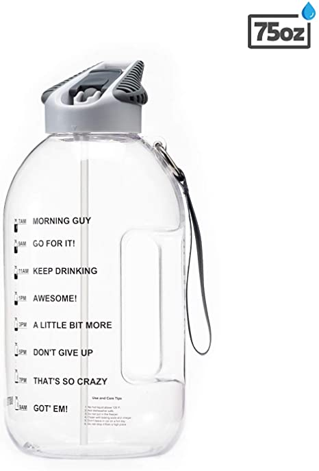 BOTTLED JOY 2.2L Water Bottle with Straw Lid, BPA Free 75oz Large Water Bottle Hydration with Motivational Time Mark Leak-Proof Drinking Half Gallon Water Bottle for Camping Workouts and Outdoor