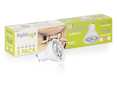 Lights4u 5W GU10 LED Light Bulbs Warm White 3000K 50W Equivalent - 5 Pack