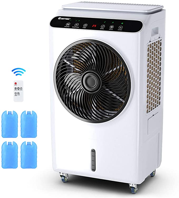 COSTWAY Evaporative Cooler, Industrial Air Cooler, 3 Speeds & Modes, Quiet Electric Fan & Humidifier, 7-Gallon Water Tank with Remote Control for Factory, Workshop, Supermarket (36-Inch Height)