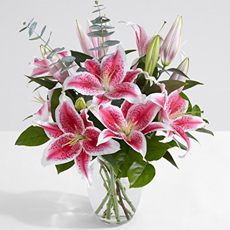 ProFlowers - 10 Count Pink Fragrant Stargazer Lilies with Glass Ginger Vase w/Free Clear Vase - Flowers Mothers Day
