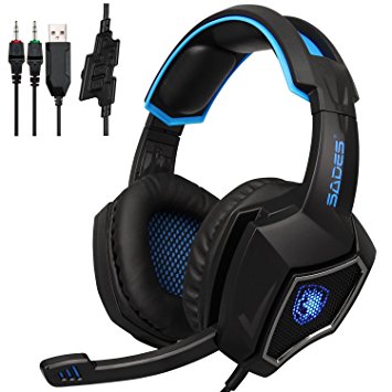 2016 Latest Sades SPIRITWOLF 3.5mm Version PC Over-Ear Stereo Gaming Headset Headband Headphones with Mic, Noise Reduction, Volume Control, LED Light For Computer Gamers(Black Blue)