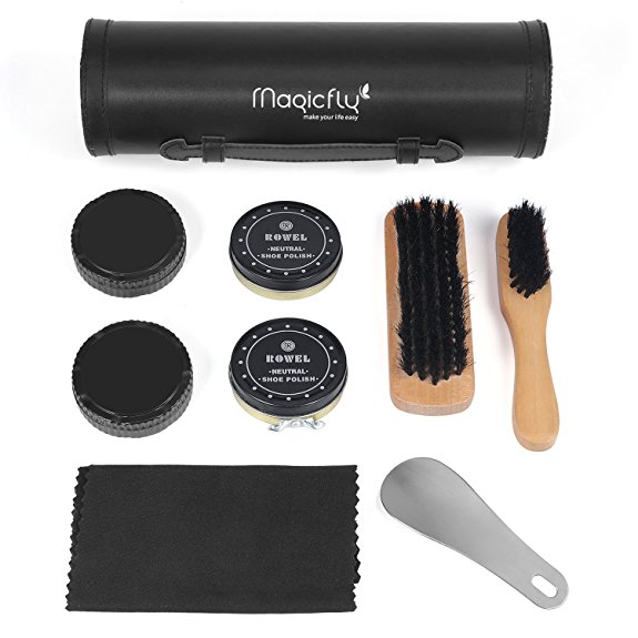 Magicfly Shoes Polish Kit-9Pcs Shoe Shine Care kit Neutral with Elegant PU Leather Compact Case