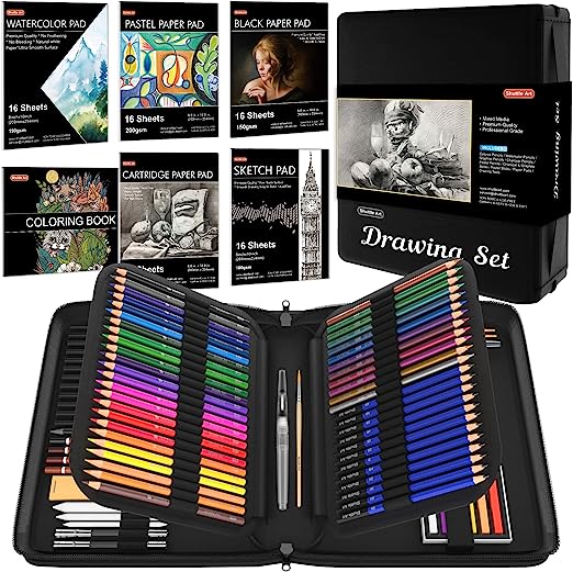 124 PCS Drawing Kit, Shuttle Art Professional Drawing Supplies with Sketch, Charcoal, Colored, Graphite, Pastel Pencils & Sticks, Complete Drawing Tools and Paper Pads in Zipper Case for Artists& Kids