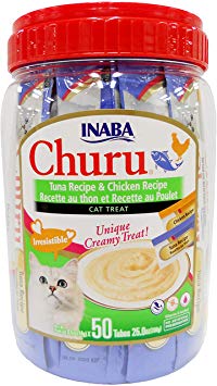 INABA Churu Lickable Creamy Purée Cat Treats Tuna Recipe and Chicken Recipe Canister of 50 Tubes