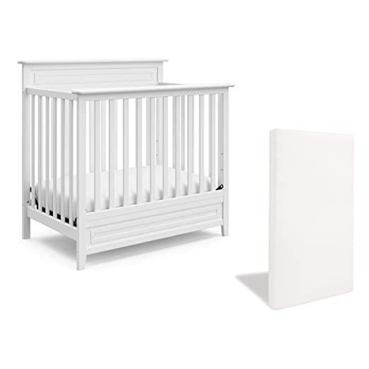 Storkcraft Petal 5-in-1 Convertible Mini Crib with Bonus Mattress – Includes Premium Supportive Crib Mattress with Water-Resistant Cover, Converts to Twin Bed, Baby-Safe, Non-Toxic Finish, White