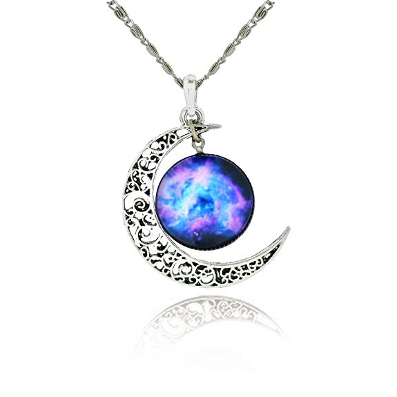 Galaxy & Crescent Cosmic Moon Pendant Necklace | Purple Glass| Best Jewelry Gift for Women |21.65" Chain
