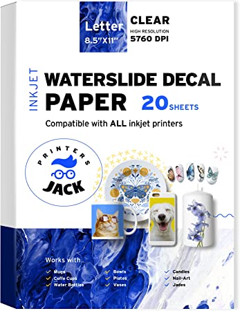 Printers Jack Water Slide Decal Paper Inkjet Clear 20 Sheets 8.5 x 11 inches Premium Water Slide Transfer Paper Clear Transparent Printable Waterslide Paper for Tumblers, Mugs, Glasses DIY