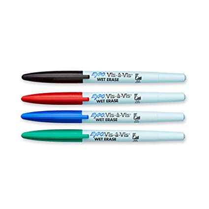EXPO Vis-A-Vis Wet-Erase Overhead Transparency Markers, Fine Point, Assorted Colors, 4-Count
