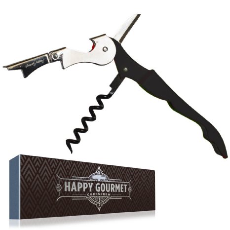 Waiters Corkscrew by Happy Gourmet Kitchenware - All-in-one Corkscrew, Wine Opener, Bottle Opener and Foil Cutter (Black)