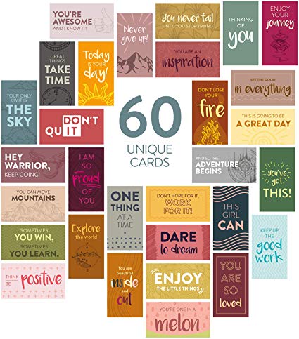 DiverseBee 60 Pack Assorted Motivational Cards - Inspirational and Kindness Mini Note Cards, Gratitude Encouragement Card Set with 60 Unique Motivational Quotes (Business Card Size and Blank Back)