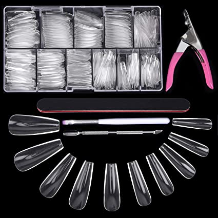 XREXS Clear Nail Tips Coffin Shape, 500 Pcs Acrylic Nail Tips Full Cover Long Ballerina False Nails with Nail Clipper, Nail File, Brush and Cuticle Pusher for Professional and Beginner Nail Salons