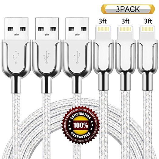 BULESK iPhone Cable 3Pack 3FT Nylon Braided Certified Lightning to USB iPhone Charger Cord for iPhone X 8 8Plus 7 Plus 6S 6 SE 5S 5C 5, iPad 2 3 4 Mini Air Pro, iPod Nano 7(Silver&Grey)