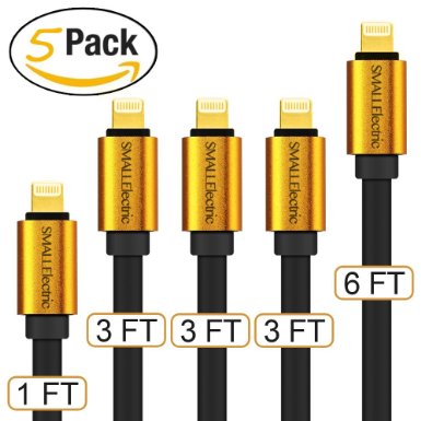 Smallelectric 5-pack Alloy Gold-Plated 8pin Lightning to USB Cable and Sync Extra Long USB Cord Charger for iphone 6 / 6s plus / 6 plus / 5s 5c 5 / iPad Mini / iPad Air / iPod.Compatible with all IOS