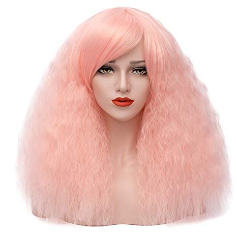 ELIM Short Fluffy Curly Wigs Pink Cosplay Wigs Wavy Halloween Costume Wig Synthetic Hair Oblique Bangs for Women with Wig Cap Z079I,Light Pink