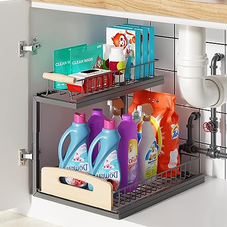 G-TING Under Sink Organizer 2 Tier, L Shaped Sliding Cabinet Basket Organizer, Slide Out Under Cabinet Storage, Multi-Purpose Pull Out Cabinet Organizer for Bathroom, Kitchen, Grey