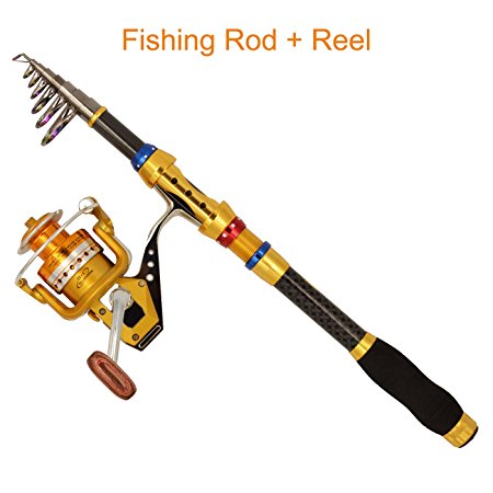 Supertrip Fishing Pole and Reel Combos Portable Carbon Fiber Telescopic Spinning Rod with Metal Aluminum Saltwater Fishing Reels Combos