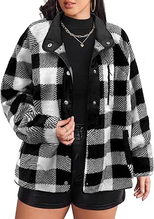 IN'VOLAND Plus Size Womens Fleece Jacket Western Aztec Print Long Sleeve Snap Button Down Shacket with Pockets