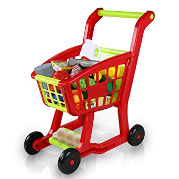 Fajiabao Kids Shopping Cart Toy Play Grocery Cart Trolley Supermarket Pretend Playset with 27 PCS Fruits Vegetables Food for Toddler Child Boys Girls 2 3 4 5 6 Years Old