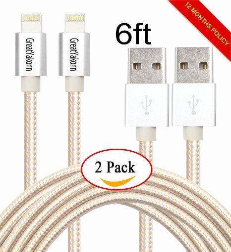 GreatYakonn 2pcs 6FT 8Pin Lightning Cable Popular Nylon Braided Charging Cord USB Cable for iPhone 6s,6s ,6plus,6 iPhone 5,5c,5s,iPad Mini,Mini2.iPad 5,iPod 7(Gold and Silver)
