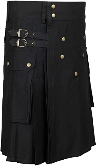 Scottish Designer Utility Kilts for Men Black Cotton Kilt Color & Size Options Available