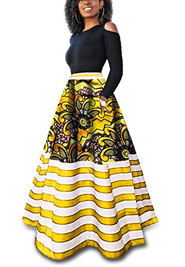 Ermonn Women's Dashiki African Print Skirts Boho High Waist Color Striped A-Line Maxi Skirt With Pocket