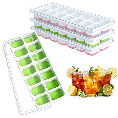 Ouddy 4 Pack Ice Cube Trays, Easy-Release Silicone Flexible Ice Trays, 14 Ice Cubes, Stackable Ice Cube Molds with Spill-Resistant Removable Lid, BPA Free, Non-toxic Safe and Durable - Pink & Green