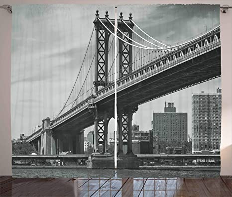 Ambesonne New York Curtains, Bridge of NYC Vintage East River Image USA Travel Top Place City Photo Art Print, Living Room Bedroom Window Drapes 2 Panel Set, 108" X 63", Grey