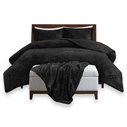 Comfort Spaces - Odessa Comforter Set   Long Fur Throw Combo - 4 Piece - Black - Snugly Warm and Ultra Soft - King Size, Includes 1 Comforter, 2 Shams