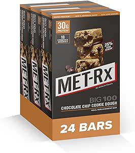 MET-Rx Big 100 Colossal Protein Bars, Chocolate Chip Cookie Dough Meal Replacement Bars, 24 Count