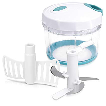 Navaris Manual Food Chopper - 3 Stainless Steel Blades with Lid and Mixer - 1000ml Mini Vegetable Cutter Handheld Food Processor Pull Cord Blender