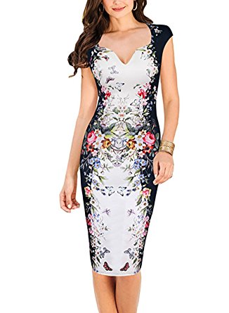 oxiuly Women's Floral Patchwork Casual Party Cocktail Work Pencil Dress X160