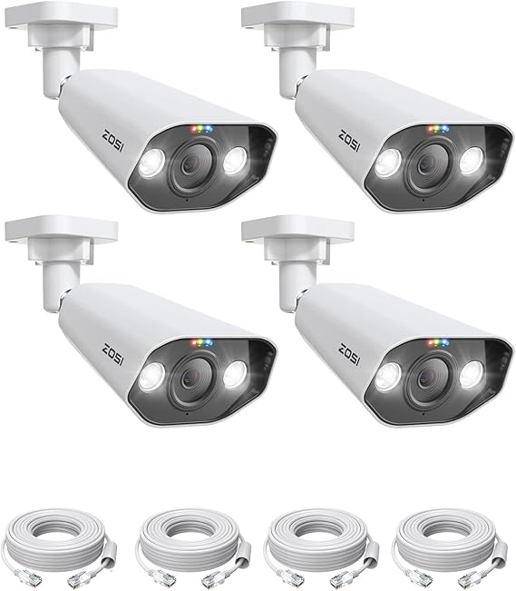 ZOSI 4PK 4K PoE Security Cameras with Ethernet Cables,Person Vehicle Detection,2 Way Audio,Night Vision,Smart Light&Sound Alerts,8MP Weatherproof Outdoor Add-on Camera Only Work 4K PoE NVR