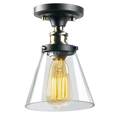 Globe Electric 1-Light Industrial Flush Mount Light Fixture, Antique Brass Finish, Clear Glass Shade, 65380