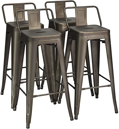 COSTWAY Metal Bar stools Set of 4, with Removable Back, Cafe Side Chairs with Rubber Feet, Stylish and Modern Chairs, for Kitchen, Dining Rooms, and Side Bar (Gun, 30'')