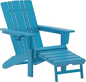 Flash Furniture Halifax Poly Resin Adirondack Chair with Cup Holder and Pull Out Ottoman, All-Weather Poly Resin Indoor/Outdoor Lounge Chair, Blue