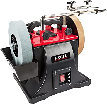 Excel 200mm Electric Wet Stone Grinder Sharpener 180W/240V ~ 50Hz with Honing Wheel - Variabal Speed 95RPM - Bench Grinder - Ideal for Grinding and polishing of Metals - UK Plug