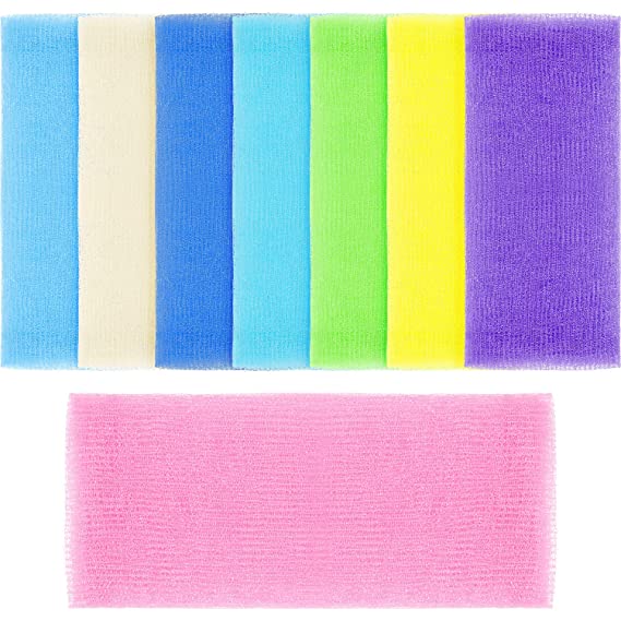 Boao 8 Pieces Multicolor 36 Inch Extra Long Exfoliating Bath Cloth Nylon Bath Towel Body Shower Cleaning Sponges