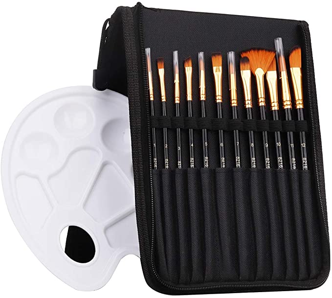 Art Supply Paint Brushes Set 12pcs Brushes 1Pallette in Carrying Case,  Perfect for Acrylic, Watercolor, Oil and Gouache Artist