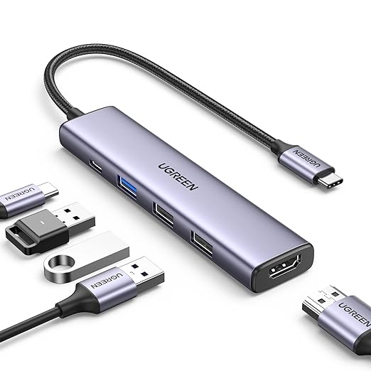 UGREEN Revodok USB C Hub HDMI 4K with PD Charge 100W Powered 5 in 1 USB C to USB 3.0 Adapter Compatible with iPhone 15 Plus Max MacBook Pro Air XPS Surface Pro 9GB iPad Pro Air Galaxy Tab S9