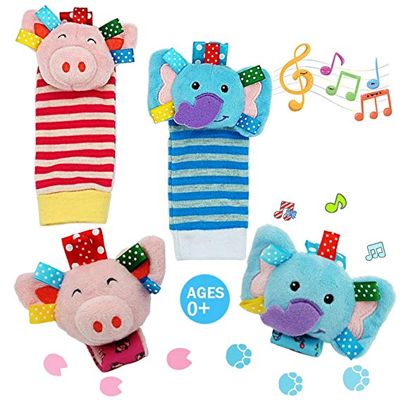 Daisy Baby Rattle Toy, Animal Wrists Rattle & Foot Finder Socks Toy Gift Set, Baby Foot Rattle Organic Cotton Socks for Infant and Toddler - Elephant and Pig (4 Pieces)