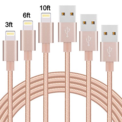 Sundix iPhone Cable, 3Pack 3FT 6FT 10FT Nylon Braided Cord Lightning Cable Certified to USB Charging Charger Compatible with iPhone 7/7 Plus/6/6S/6S Plus,SE/5S/5,iPad,iPod Nano 7(Gold)