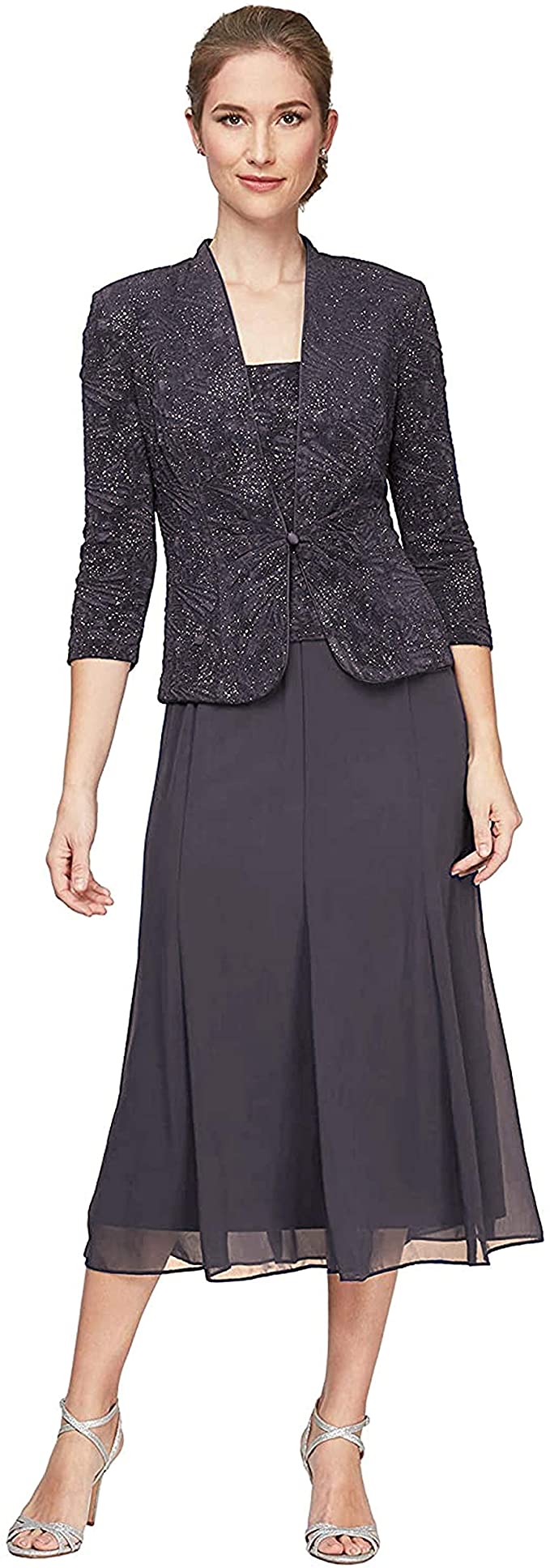 Alex Evenings Women's Tea Length Button-Front Jacket Dress