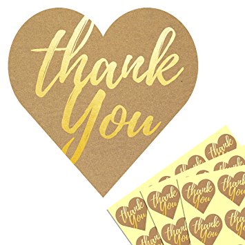1.5" Heart Gold Embossed Kraft Thank You Sticker Labels - Pack of 200